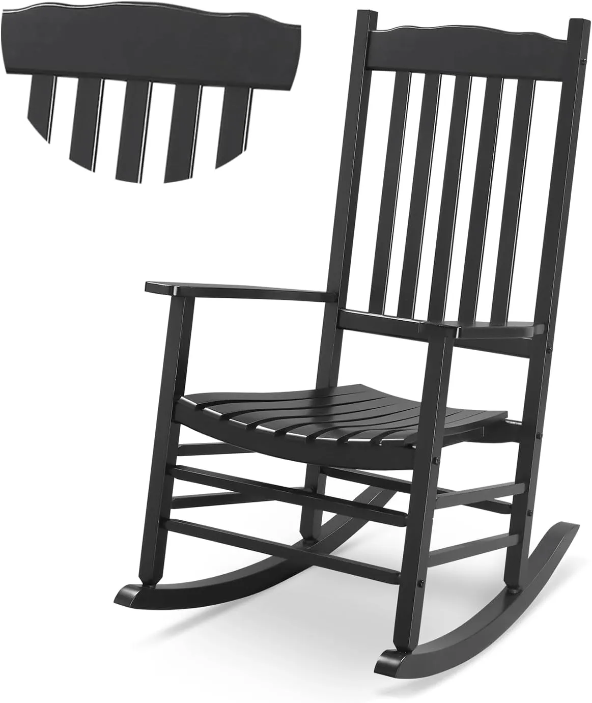 Outvita Outdoor Rocking Chair, Solid Wood High Back Rocker, All Weather Lounge Chair for Porch Patio Fire Pit Garden Backyard Deck Indoor, Wave Shape, Black