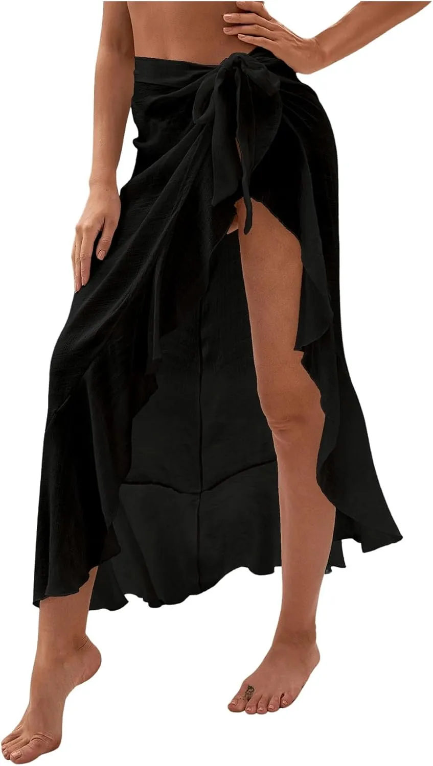 OYOANGLE Women's Mesh Sheer Swimsuit Cover Up Ruffle Tie Side Beach Sarong Wrap Long Skirt