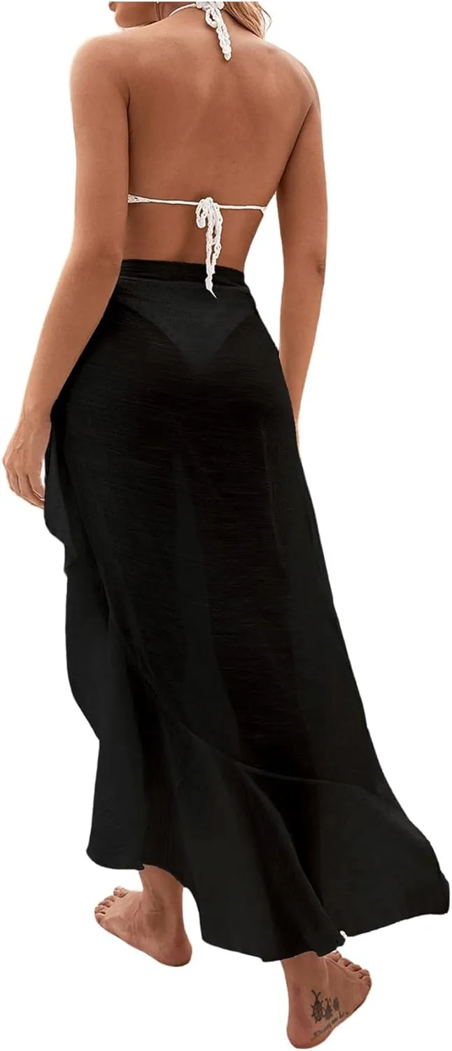 OYOANGLE Women's Mesh Sheer Swimsuit Cover Up Ruffle Tie Side Beach Sarong Wrap Long Skirt