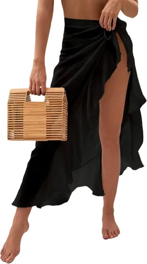 OYOANGLE Women's Mesh Sheer Swimsuit Cover Up Ruffle Tie Side Beach Sarong Wrap Long Skirt