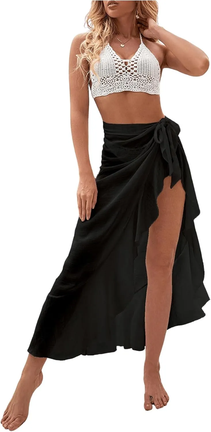 OYOANGLE Women's Mesh Sheer Swimsuit Cover Up Ruffle Tie Side Beach Sarong Wrap Long Skirt