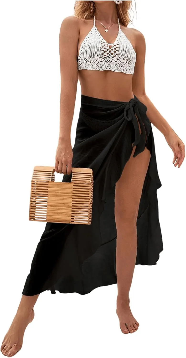 OYOANGLE Women's Mesh Sheer Swimsuit Cover Up Ruffle Tie Side Beach Sarong Wrap Long Skirt