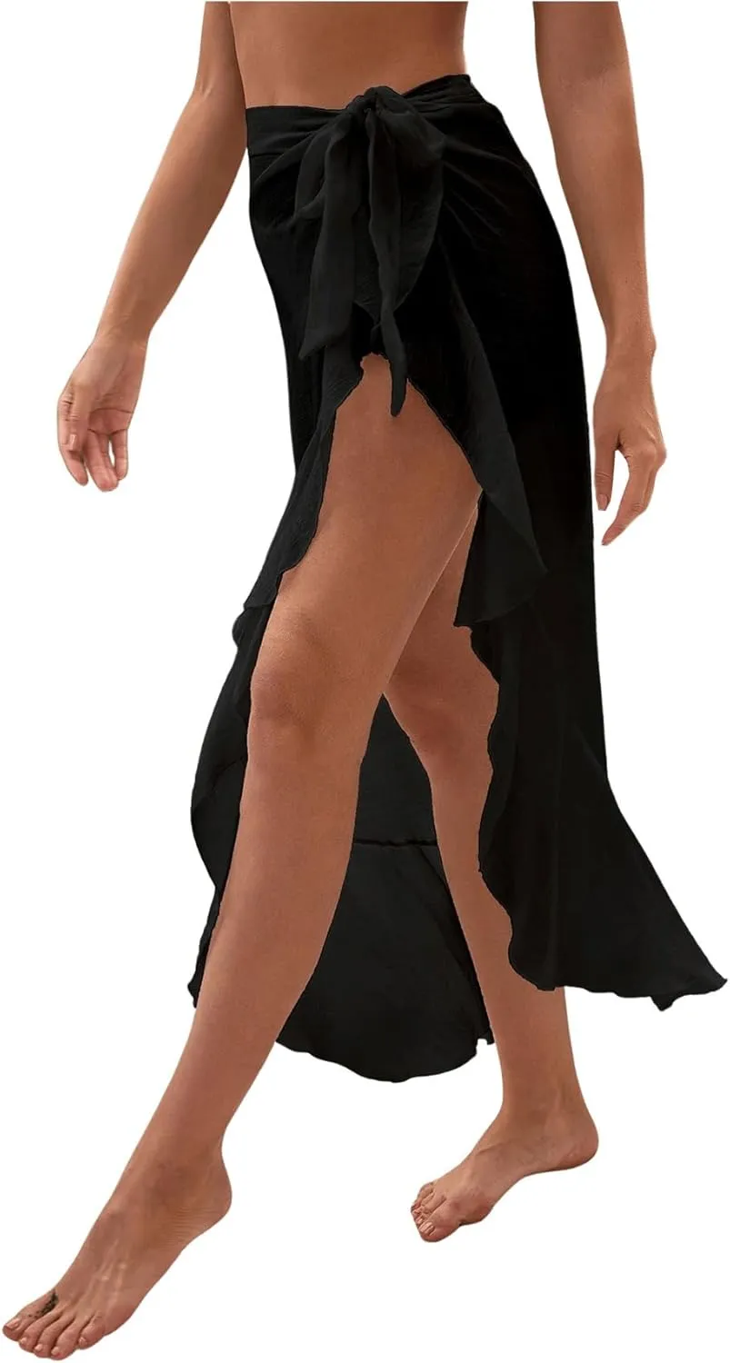 OYOANGLE Women's Mesh Sheer Swimsuit Cover Up Ruffle Tie Side Beach Sarong Wrap Long Skirt