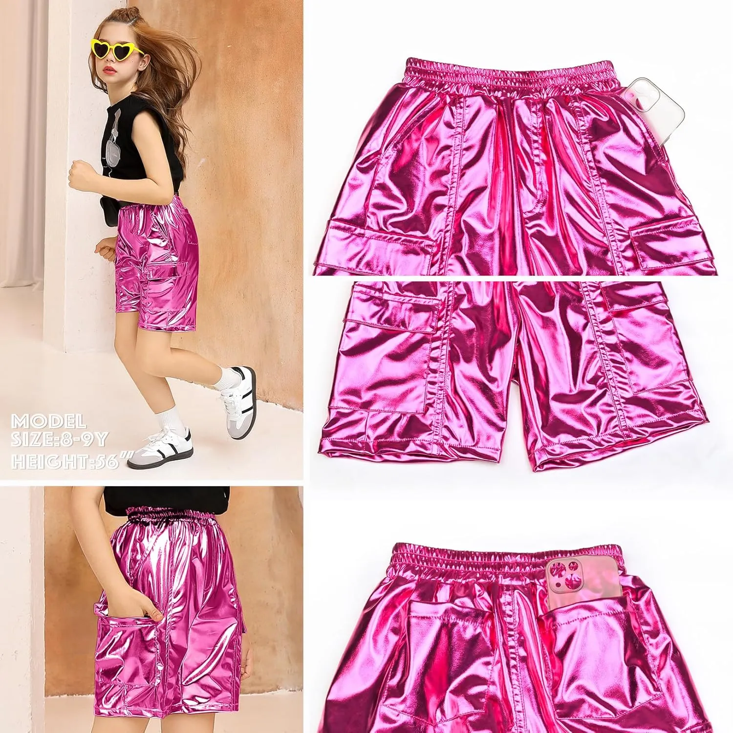 Perfashion Metallic Cargo Shorts for Girls Boys Y2K Multi-Pocket Shorts Streetwear Skater Shorts 4-13Y