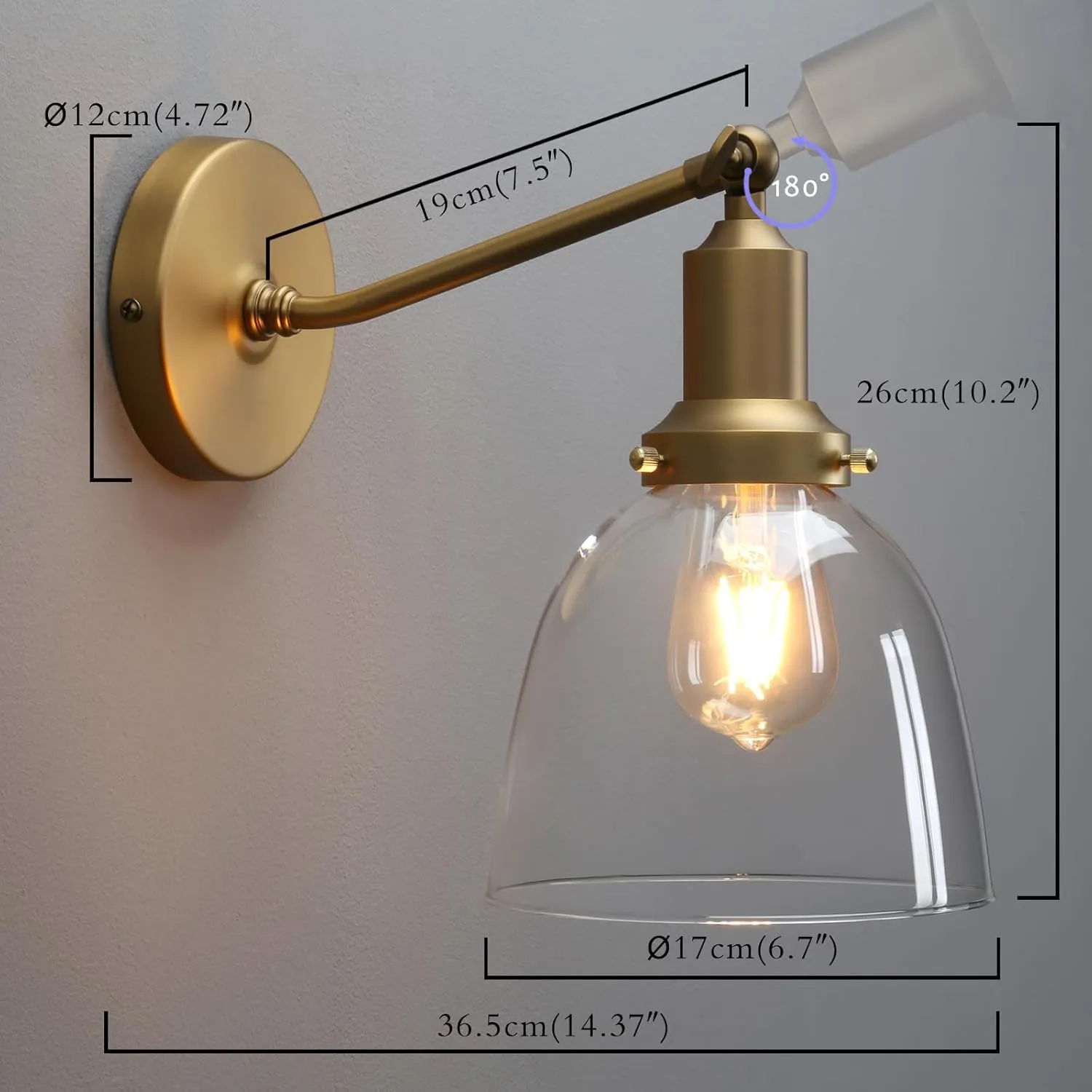 PERMO Industrial Vintage Slope Pole Wall Mount Single Sconce with 6.7" Oval Dome Clear Glass Shade Wall Sconce Light Lamp Fixture (Antique)