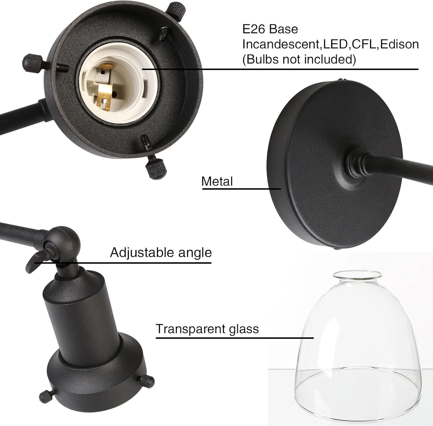 PERMO Industrial Vintage Slope Pole Wall Mount Single Sconce with 6.7" Oval Dome Clear Glass Shade Wall Sconce Light Lamp Fixture (Black)