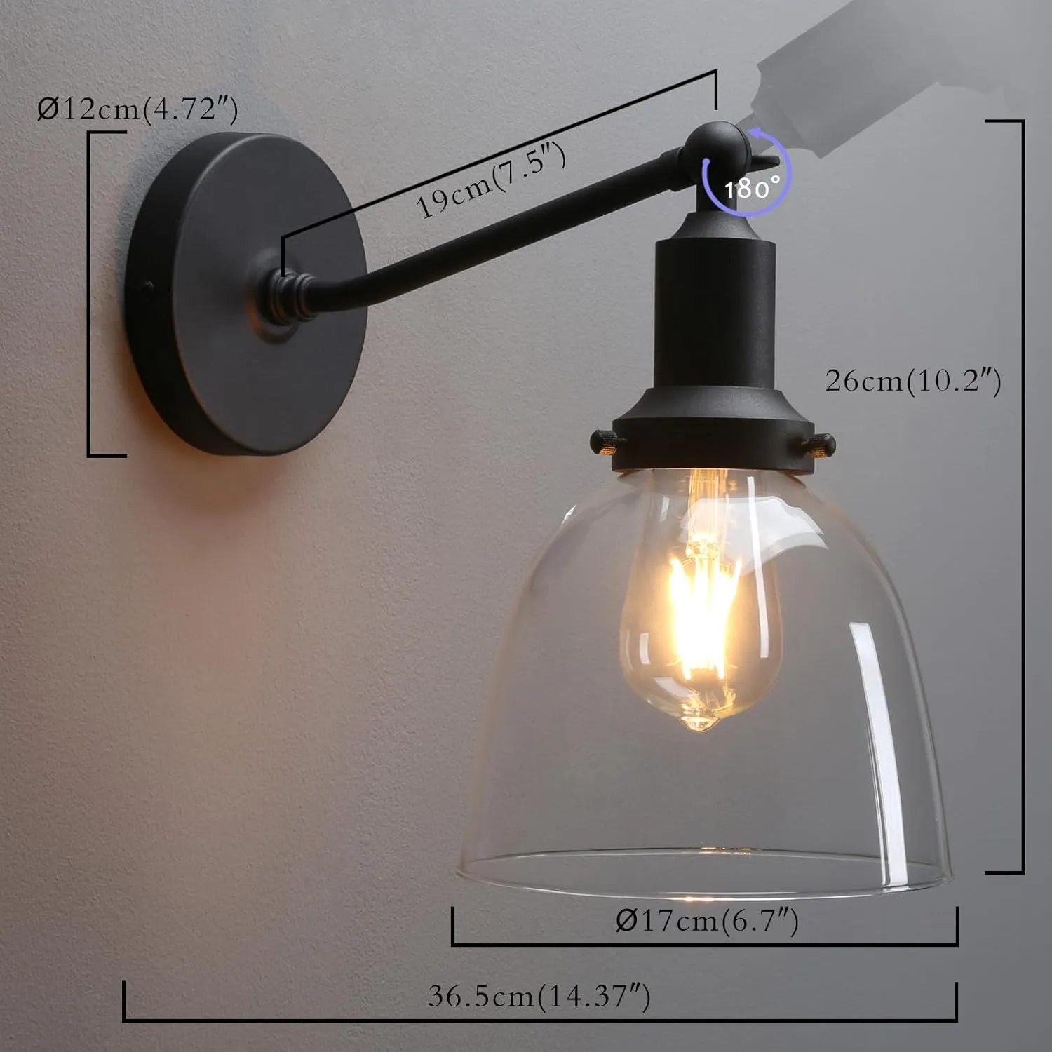 PERMO Industrial Vintage Slope Pole Wall Mount Single Sconce with 6.7" Oval Dome Clear Glass Shade Wall Sconce Light Lamp Fixture (Black)