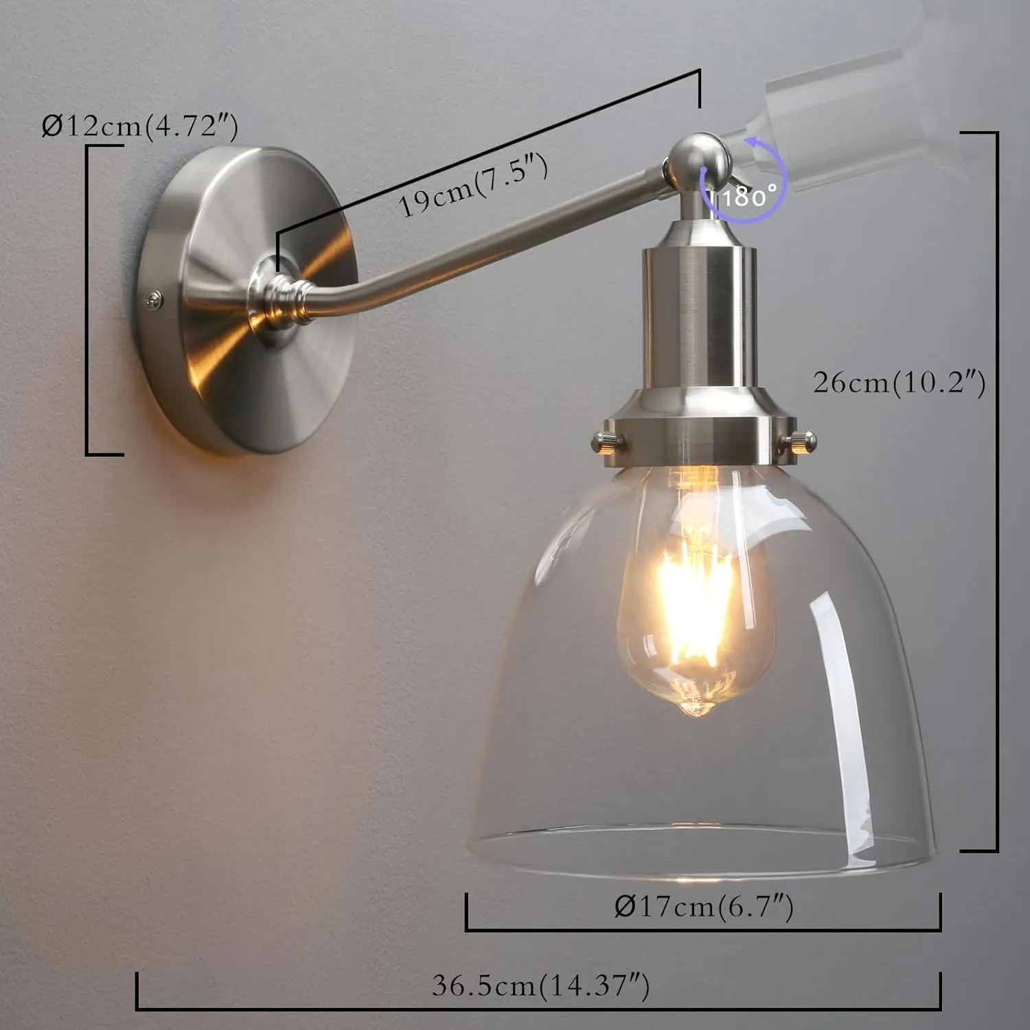 PERMO Industrial Vintage Slope Pole Wall Mount Single Sconce with 6.7" Oval Dome Clear Glass Shade Wall Sconce Light Lamp Fixture (Brushed)