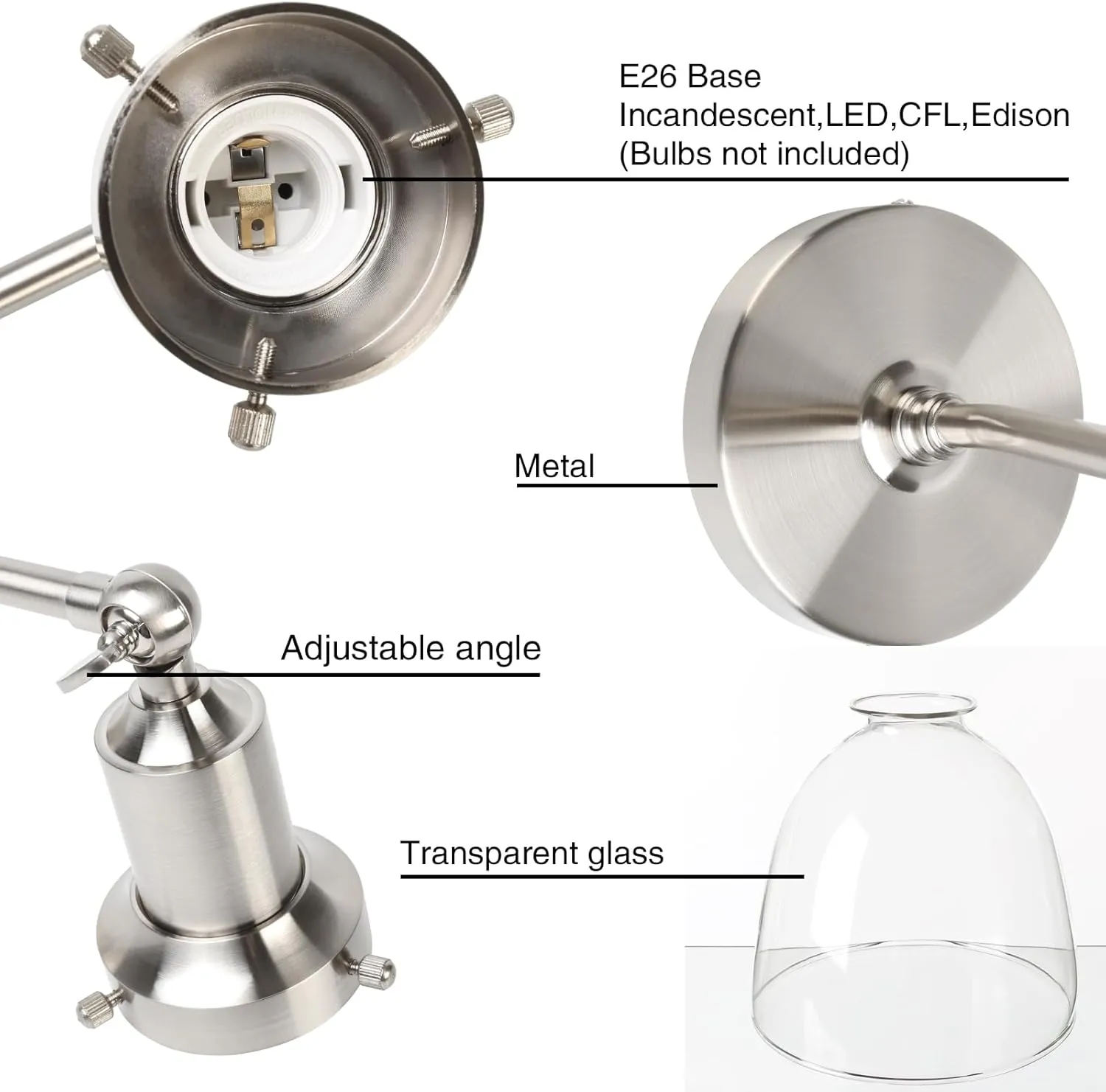 PERMO Industrial Vintage Slope Pole Wall Mount Single Sconce with 6.7" Oval Dome Clear Glass Shade Wall Sconce Light Lamp Fixture (Brushed)