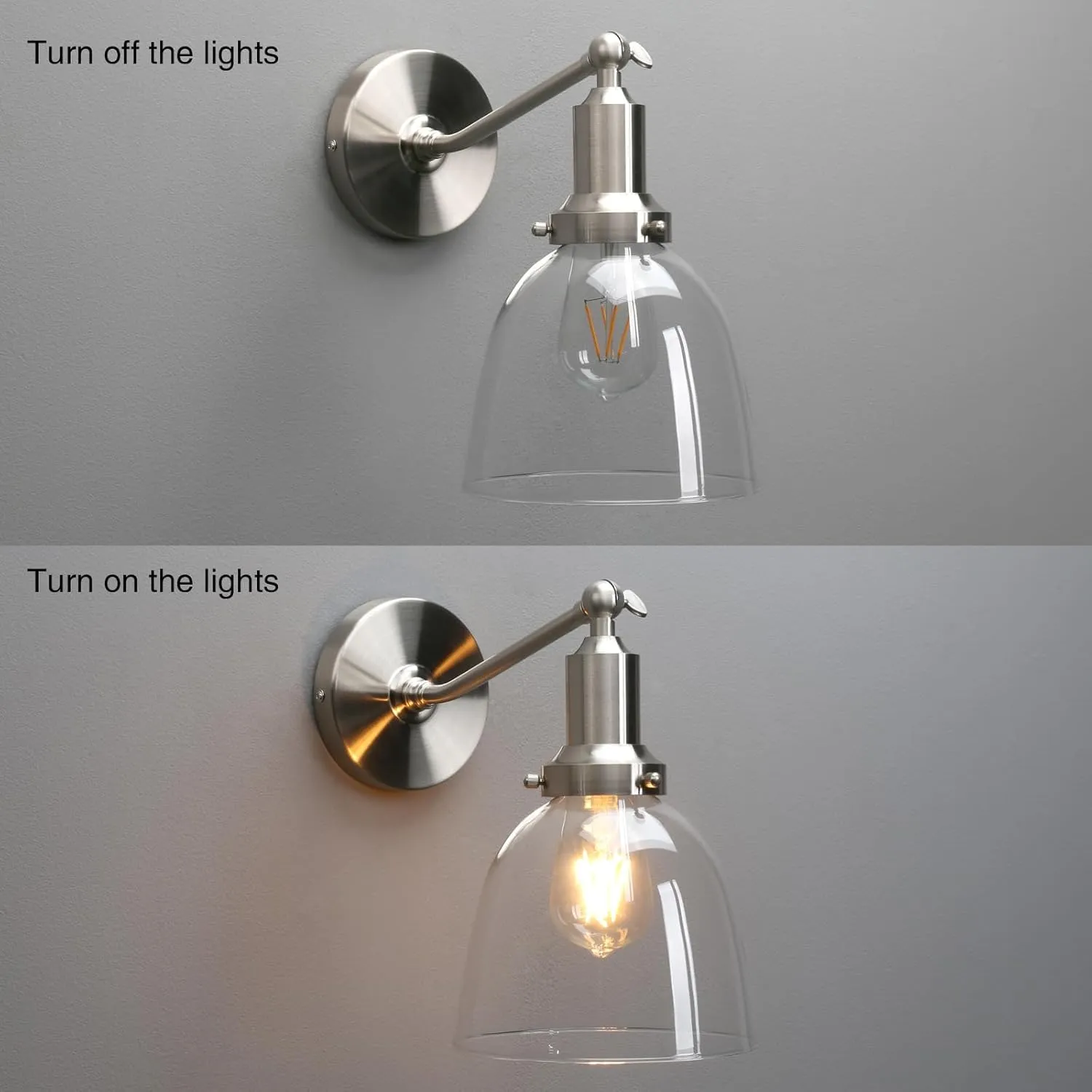PERMO Industrial Vintage Slope Pole Wall Mount Single Sconce with 6.7" Oval Dome Clear Glass Shade Wall Sconce Light Lamp Fixture (Brushed)