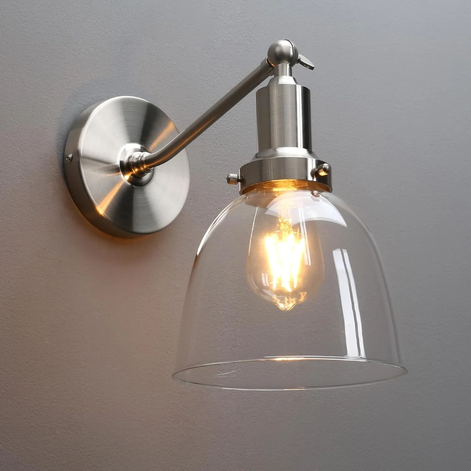 PERMO Industrial Vintage Slope Pole Wall Mount Single Sconce with 6.7" Oval Dome Clear Glass Shade Wall Sconce Light Lamp Fixture (Brushed)
