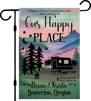 Personalized camper Garden Flag for Campsite, Custom outdoor camping decoration sign, unique yard decor for RV travel trailer, Motorhome, tent, camping enthusiasts (Solid Hybrid popup camper trailer)