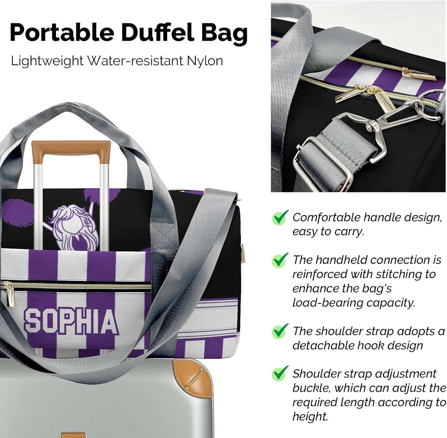 Personalized Cheerleader Girl Gymnast Purple Customized Multi-functional Handbag Travel Bag, Unisex Portable Travel Bag, Sports and Fitness Duffel Bag, Short Trip Storage Bag