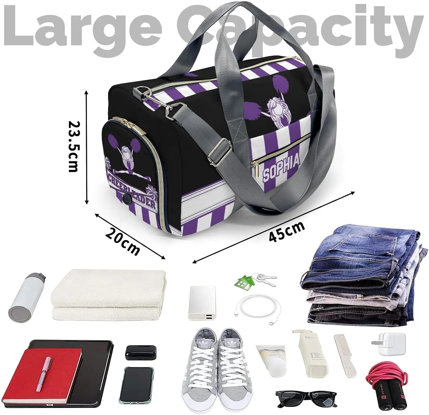 Personalized Cheerleader Girl Gymnast Purple Customized Multi-functional Handbag Travel Bag, Unisex Portable Travel Bag, Sports and Fitness Duffel Bag, Short Trip Storage Bag