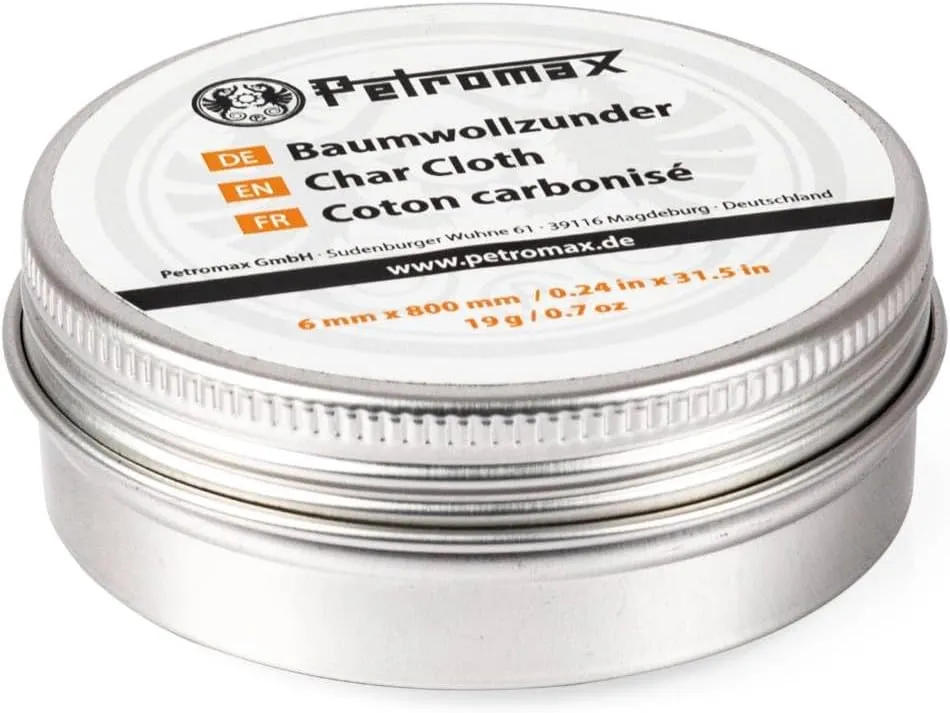 Petromax Tinder for Fire Starter, Natural Char Cloth Packed Inside a Weatherproof Tin for Outdoor Campfires, for Camping and Outdoor Adventures
