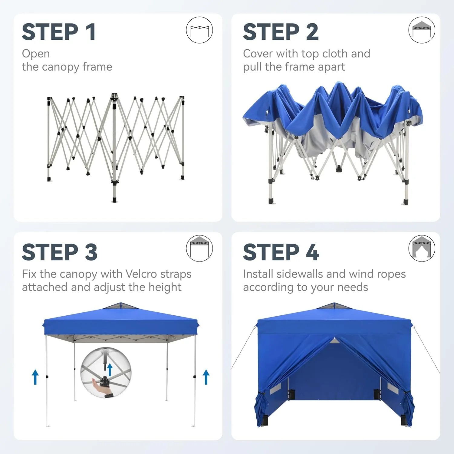 PHI VILLA 10'x10' Pop Up Canopy Tent with Sidewalls - Easy Up Tent with Mesh Windows for Ventilation, Waterproof Design - Ideal for Parties, Beach, and Outdoor Events (Blue)