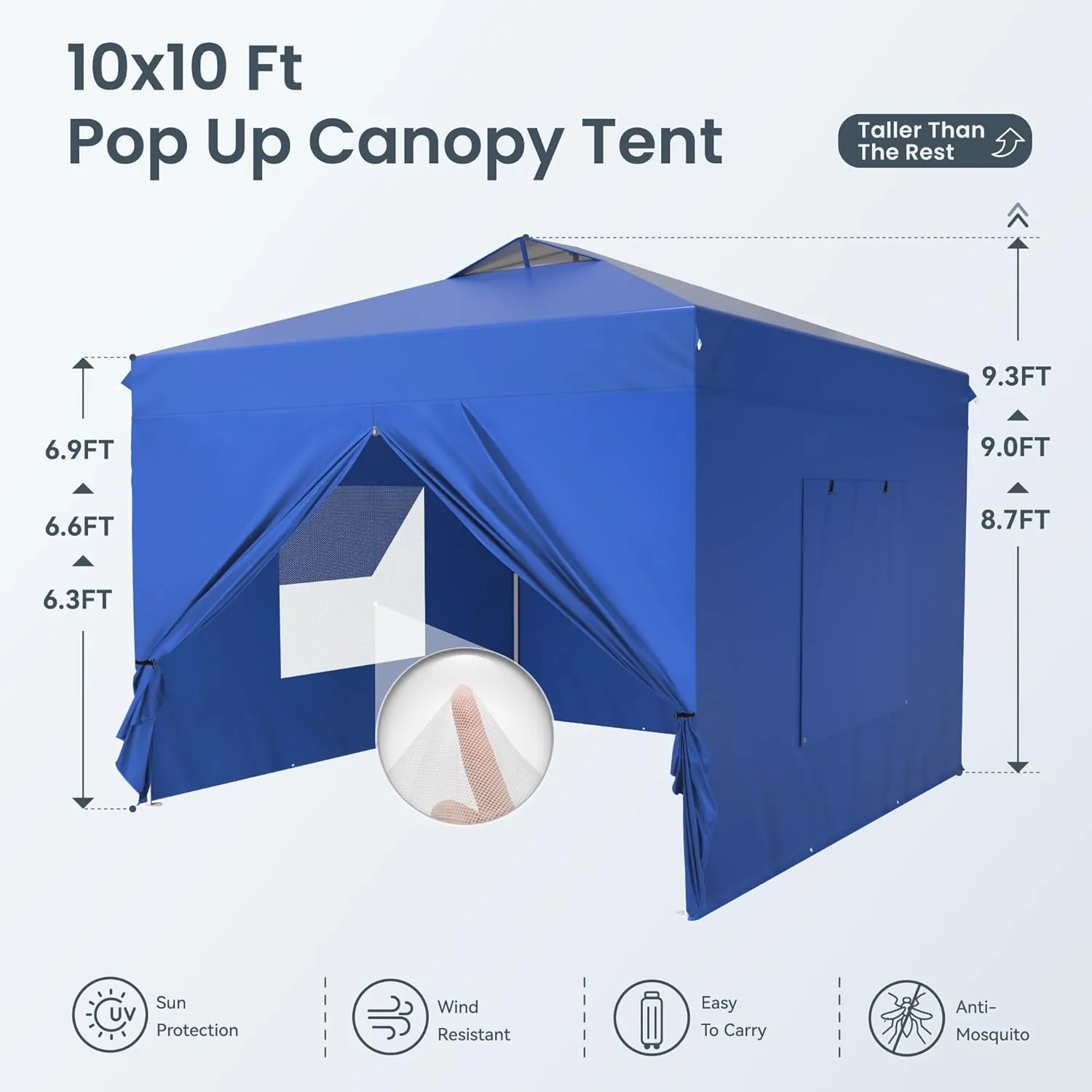 PHI VILLA 10'x10' Pop Up Canopy Tent with Sidewalls - Easy Up Tent with Mesh Windows for Ventilation, Waterproof Design - Ideal for Parties, Beach, and Outdoor Events (Blue)