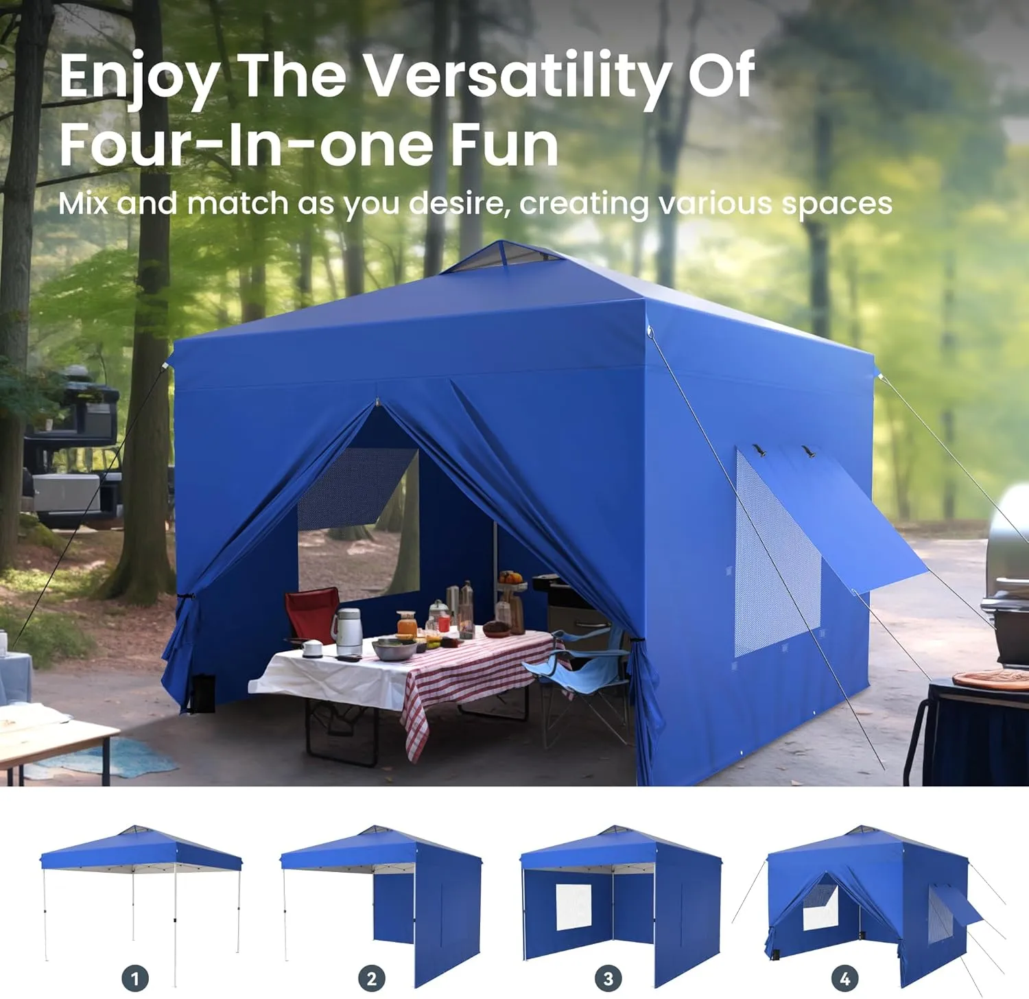 PHI VILLA 10'x10' Pop Up Canopy Tent with Sidewalls - Easy Up Tent with Mesh Windows for Ventilation, Waterproof Design - Ideal for Parties, Beach, and Outdoor Events (Blue)