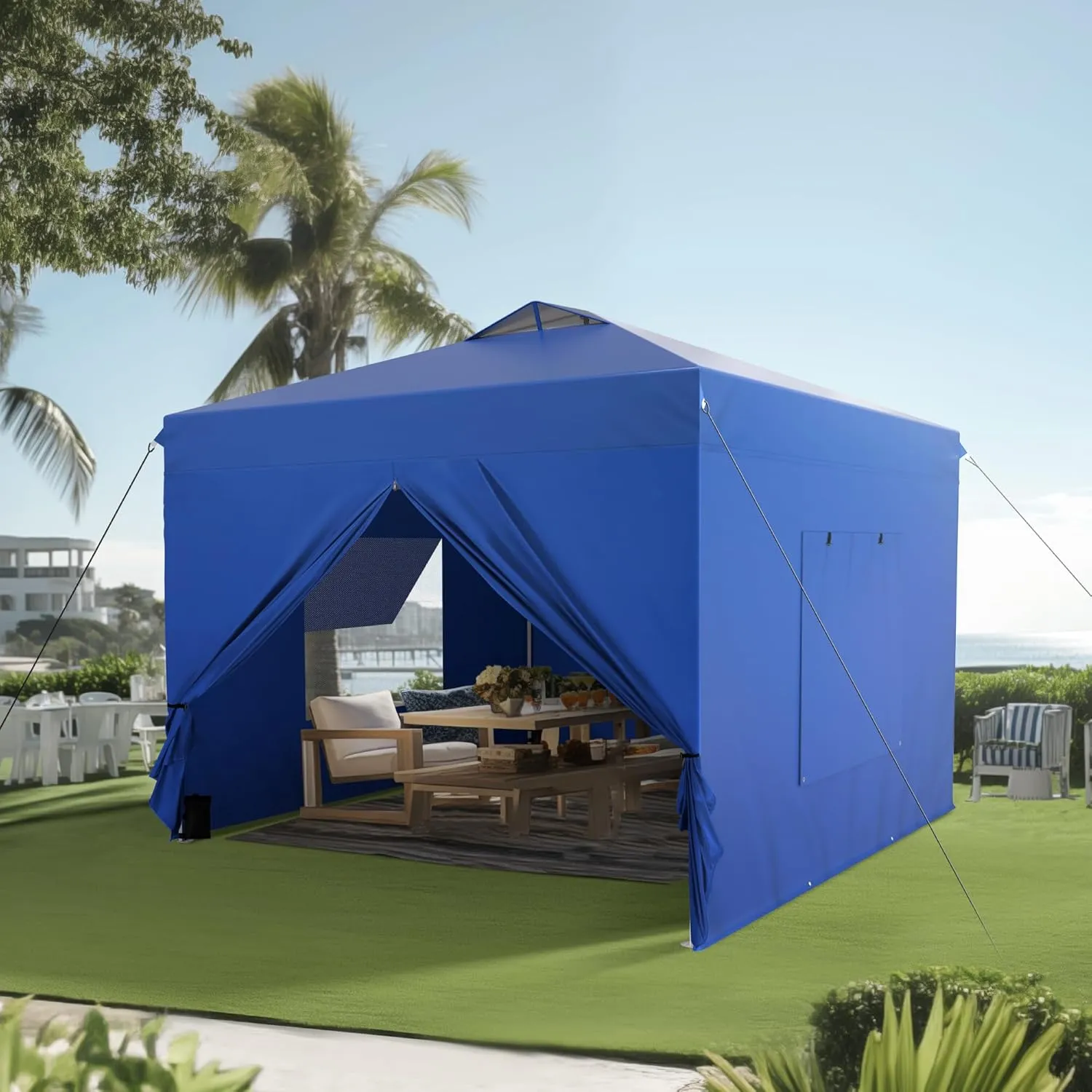 PHI VILLA 10'x10' Pop Up Canopy Tent with Sidewalls - Easy Up Tent with Mesh Windows for Ventilation, Waterproof Design - Ideal for Parties, Beach, and Outdoor Events (Blue)