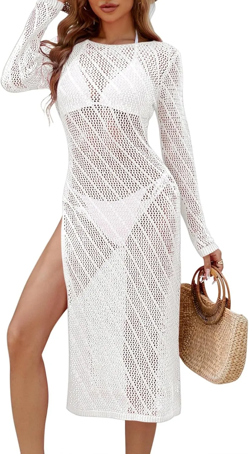 Pink Queen Swimsuit Coverup for Women 2025 Crochet Long Sleeve Hollow Out Mesh Knit Beach Cover Up