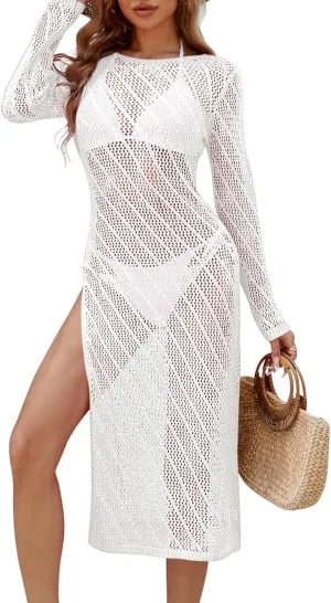 Pink Queen Swimsuit Coverup for Women 2025 Crochet Long Sleeve Hollow Out Mesh Knit Beach Cover Up
