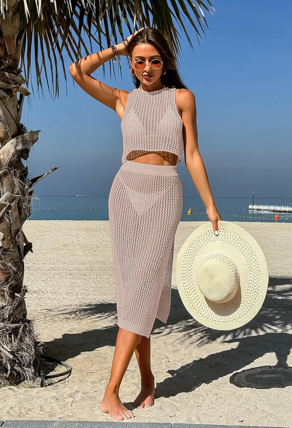 Pink Queen Women 2 Piece Swimsuit Crochet Hollow Out Swim Cover Up Bikini Swimwear Knit Mesh Tunic Beach Dress Side Slit