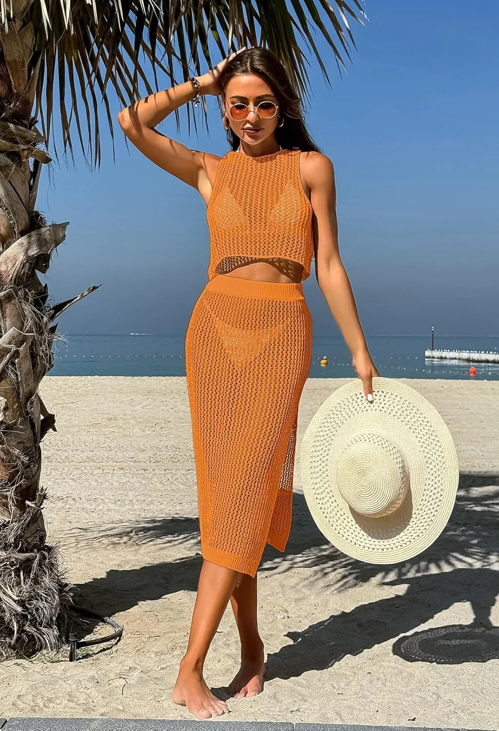 Pink Queen Women 2 Piece Swimsuit Crochet Hollow Out Swim Cover Up Bikini Swimwear Knit Mesh Tunic Beach Dress Side Slit