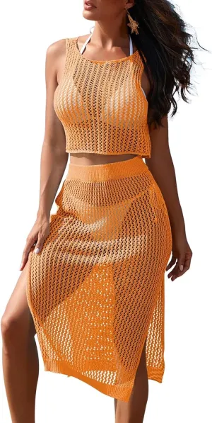 Pink Queen Women 2 Piece Swimsuit Crochet Hollow Out Swim Cover Up Bikini Swimwear Knit Mesh Tunic Beach Dress Side Slit