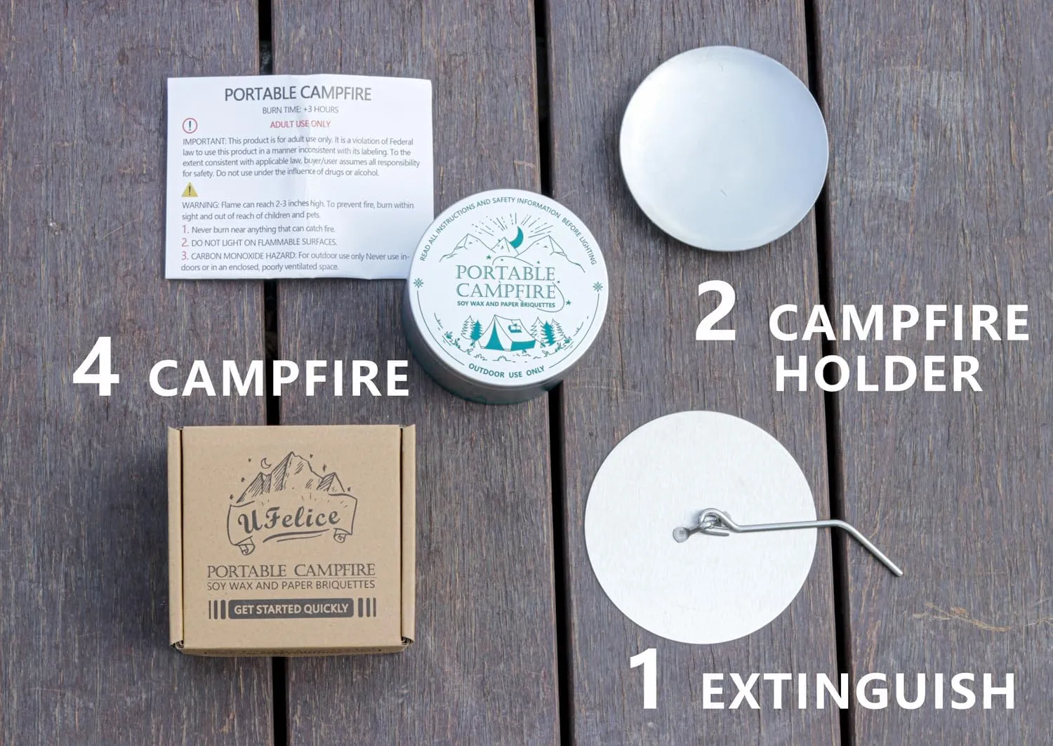 Portable Campfire, Holder and Extinguish Included, Reusable Fire Pit for Camping, Smores, Picnics - Made with Recycled Soy Wax Up to 3-5 Hours Burn Time - Tabletop Fireplace, Emergency Heat - 4 Pack