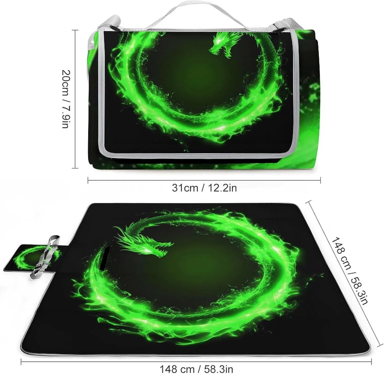 Portable Green Fire Flame Dragon Black Art Picnic Mat for Women Men Unisex, Waterproof Beach Blanket for Camping Travel Park Accessories
