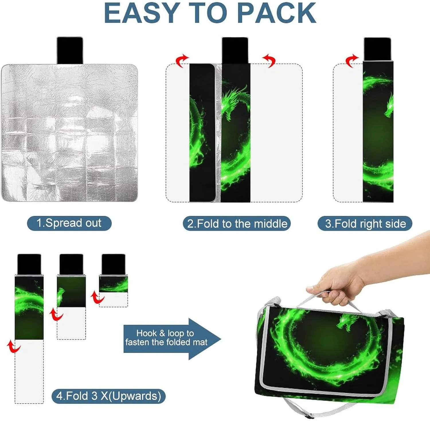 Portable Green Fire Flame Dragon Black Art Picnic Mat for Women Men Unisex, Waterproof Beach Blanket for Camping Travel Park Accessories