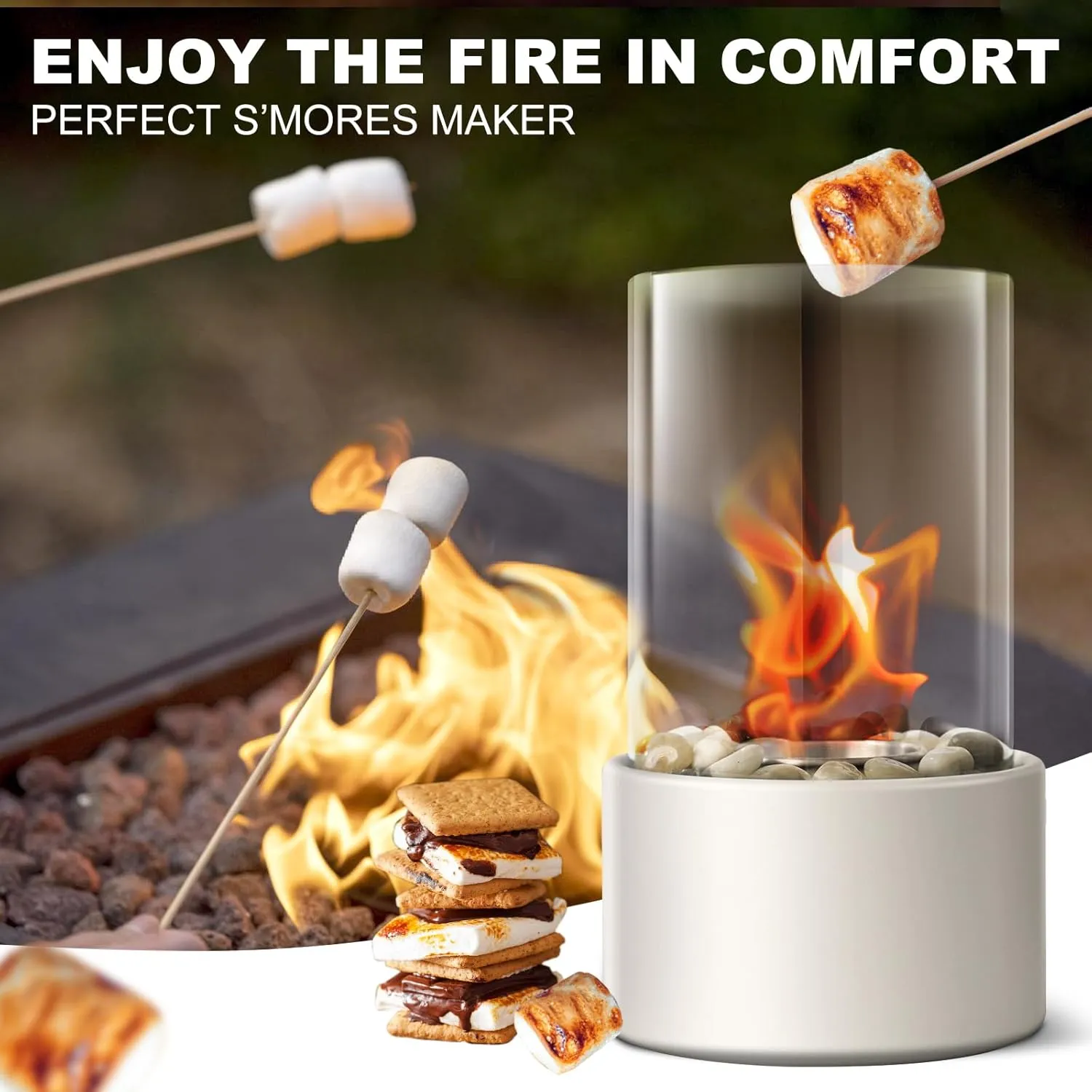 Portable Tabletop Fire Pit with 3 Combustion Charmbers,Indoor & Outdoor Table Top Firepit Bowl, Mini Fireplace with Cobblestones for Modern Home Decoration, Gift for Birthday, Gatherings & Weddings