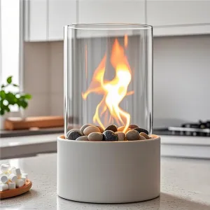 Portable Tabletop Fire Pit with 3 Combustion Charmbers,Indoor & Outdoor Table Top Firepit Bowl, Mini Fireplace with Cobblestones for Modern Home Decoration, Gift for Birthday, Gatherings & Weddings