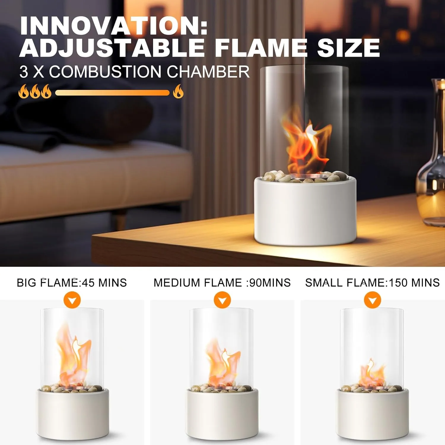 Portable Tabletop Fire Pit with 3 Combustion Charmbers,Indoor & Outdoor Table Top Firepit Bowl, Mini Fireplace with Cobblestones for Modern Home Decoration, Gift for Birthday, Gatherings & Weddings