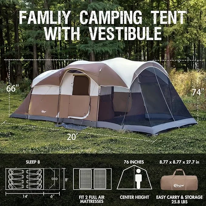 PORTAL 6/8 Person Family Camping Tent with Screen Room, Water Resistant Big Tunnel Tent with Rainfly, Large Family Tent for Outdoor Camping, Party