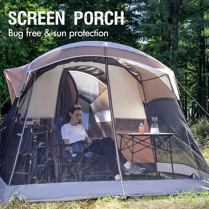 PORTAL 6/8 Person Family Camping Tent with Screen Room, Water Resistant Big Tunnel Tent with Rainfly, Large Family Tent for Outdoor Camping, Party