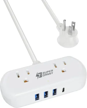 Power Strip with USB, SUPERDANNY Mini Surge Protector with 2 Wide-Spaced Outlets, 3 USB-A 1 USB-C, 5 Ft Extension Cord, Flat Plug, Compact Size Desktop Charging Station Travel, Home, Office, White
