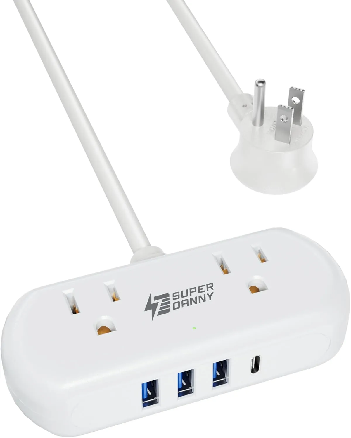Power Strip with USB, SUPERDANNY Mini Surge Protector with 2 Wide-Spaced Outlets, 3 USB-A 1 USB-C, 5 Ft Extension Cord, Flat Plug, Compact Size Desktop Charging Station Travel, Home, Office, White
