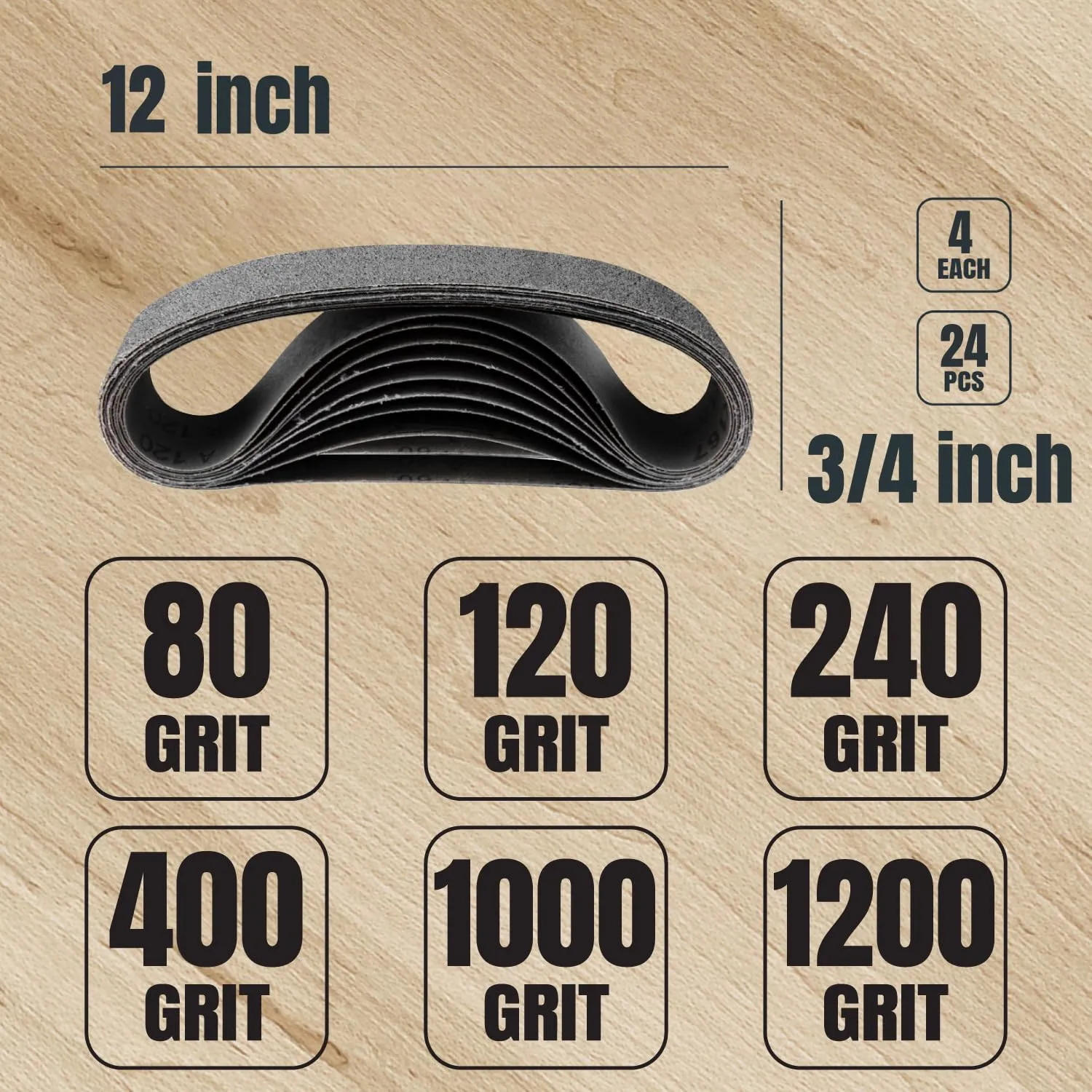 POWERTEC 46001 3/4 x 12 Inch Sanding Belts,4 Each of 80/120/240/400/1000/1200 Grits,24PK,Replacement Knife Sharpener Sanding Belts for Work Sharp Ken Onion Edition (WSKTS-KO) Knife & Tool Sharpener