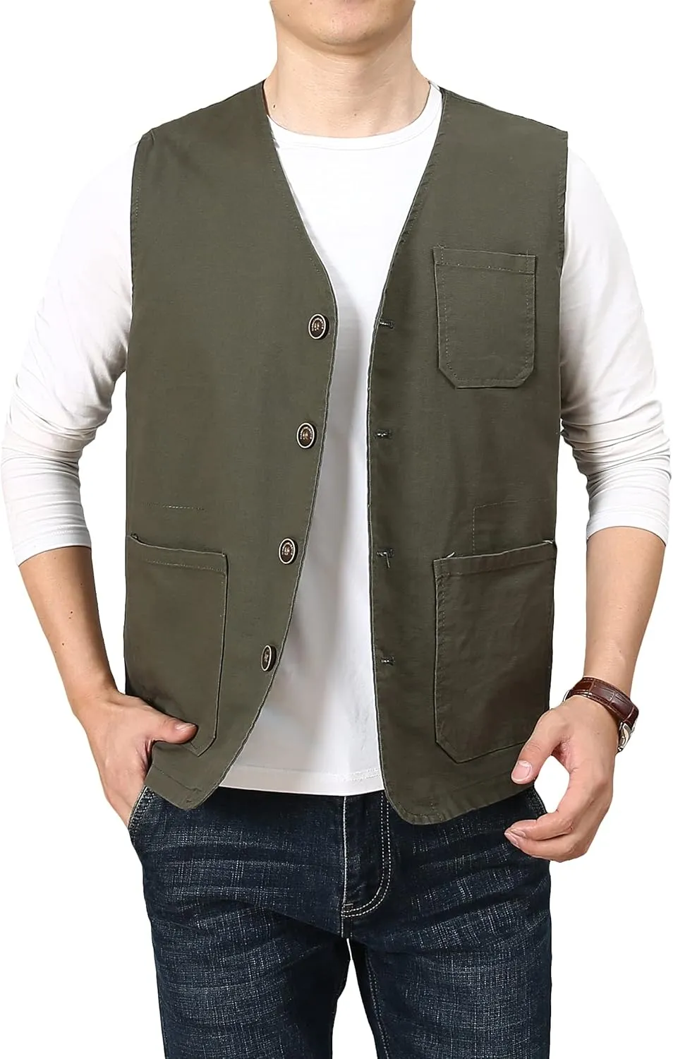 PRIJOUHE Men's Casual Outdoor Cotton Vest Lightweight Breathable Multi-Pocket Fishing Safari Travel Vests Outwear