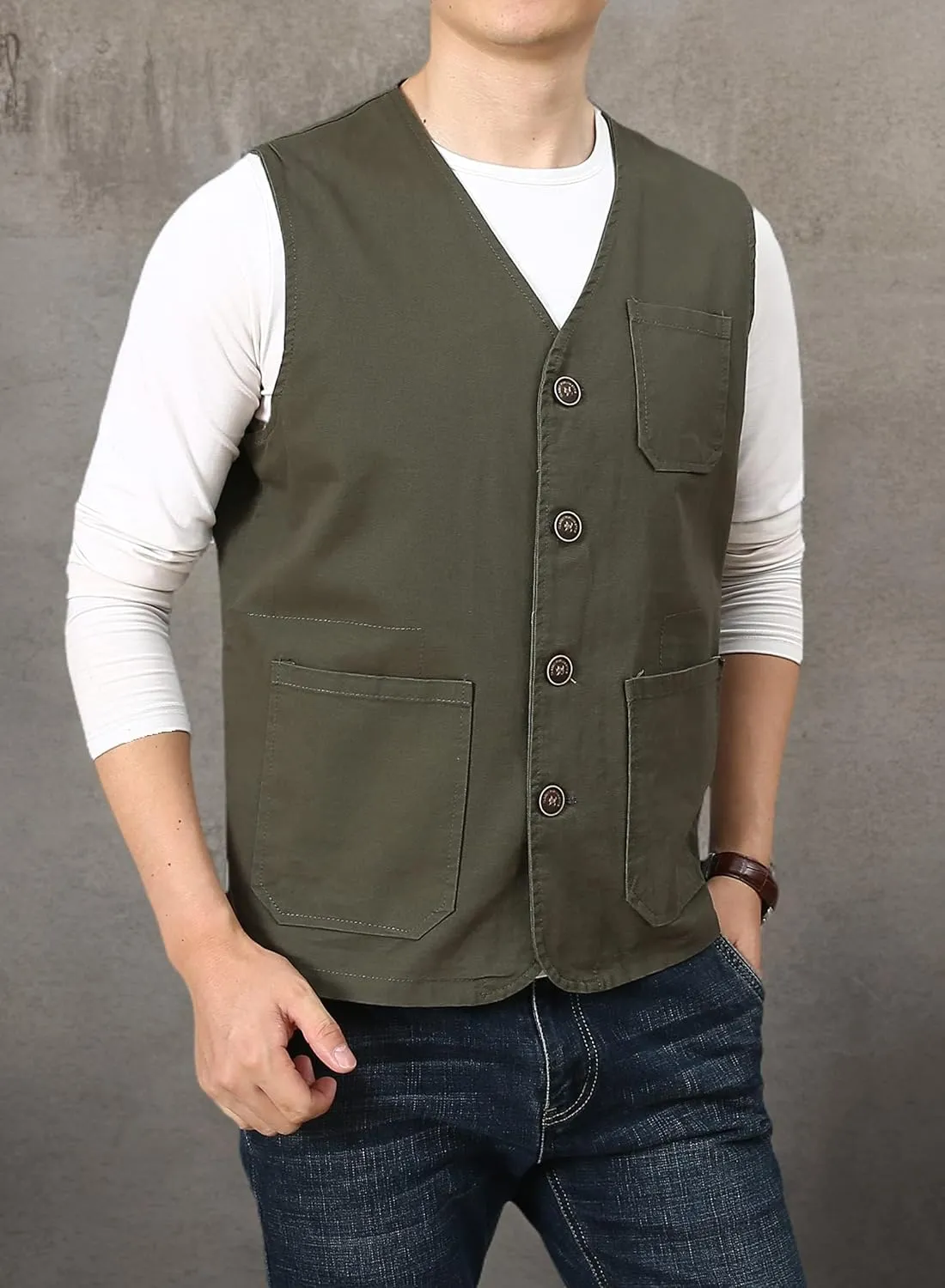 PRIJOUHE Men's Casual Outdoor Cotton Vest Lightweight Breathable Multi-Pocket Fishing Safari Travel Vests Outwear