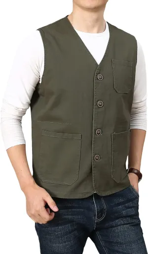PRIJOUHE Men's Casual Outdoor Cotton Vest Lightweight Breathable Multi-Pocket Fishing Safari Travel Vests Outwear