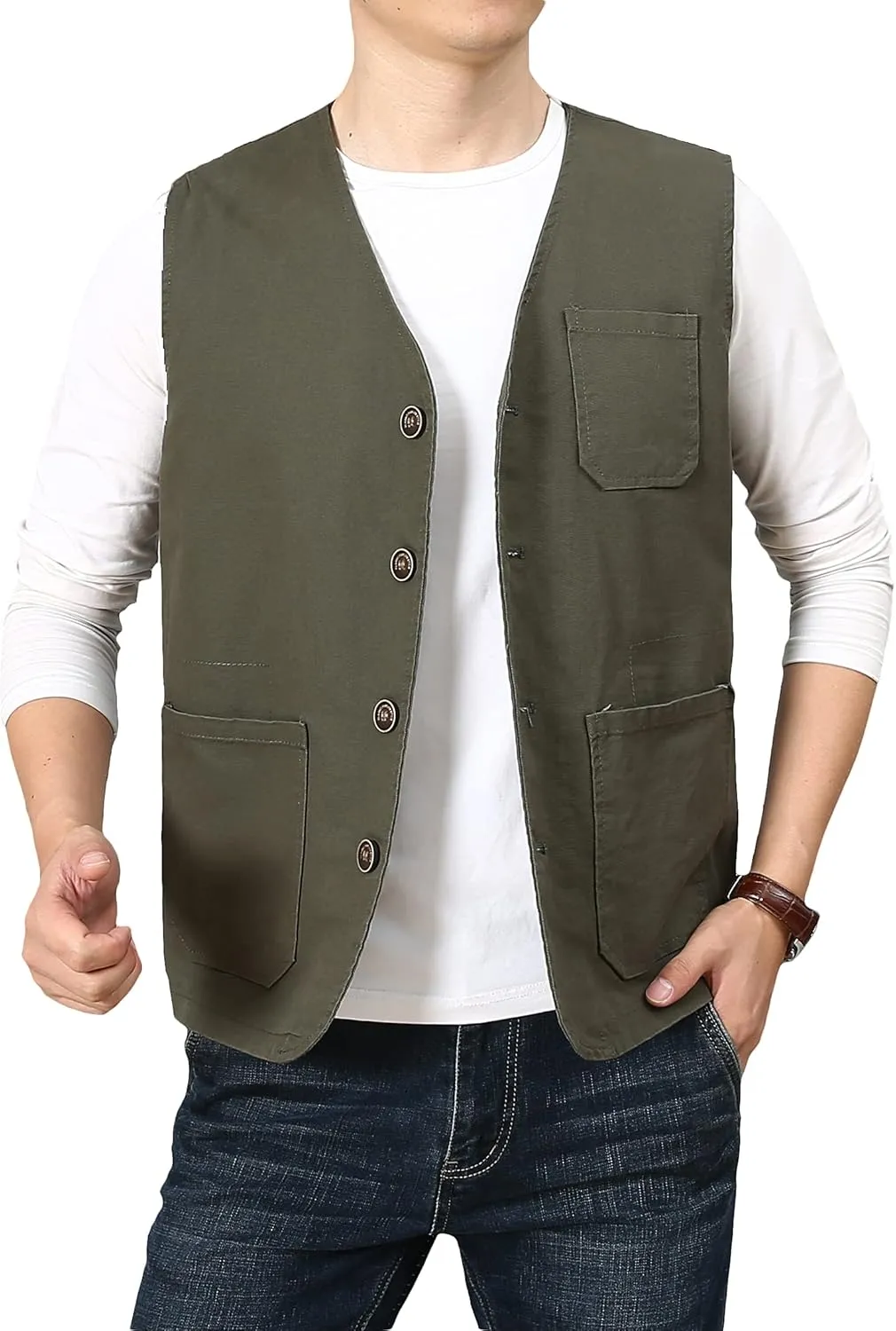 PRIJOUHE Men's Casual Outdoor Cotton Vest Lightweight Breathable Multi-Pocket Fishing Safari Travel Vests Outwear