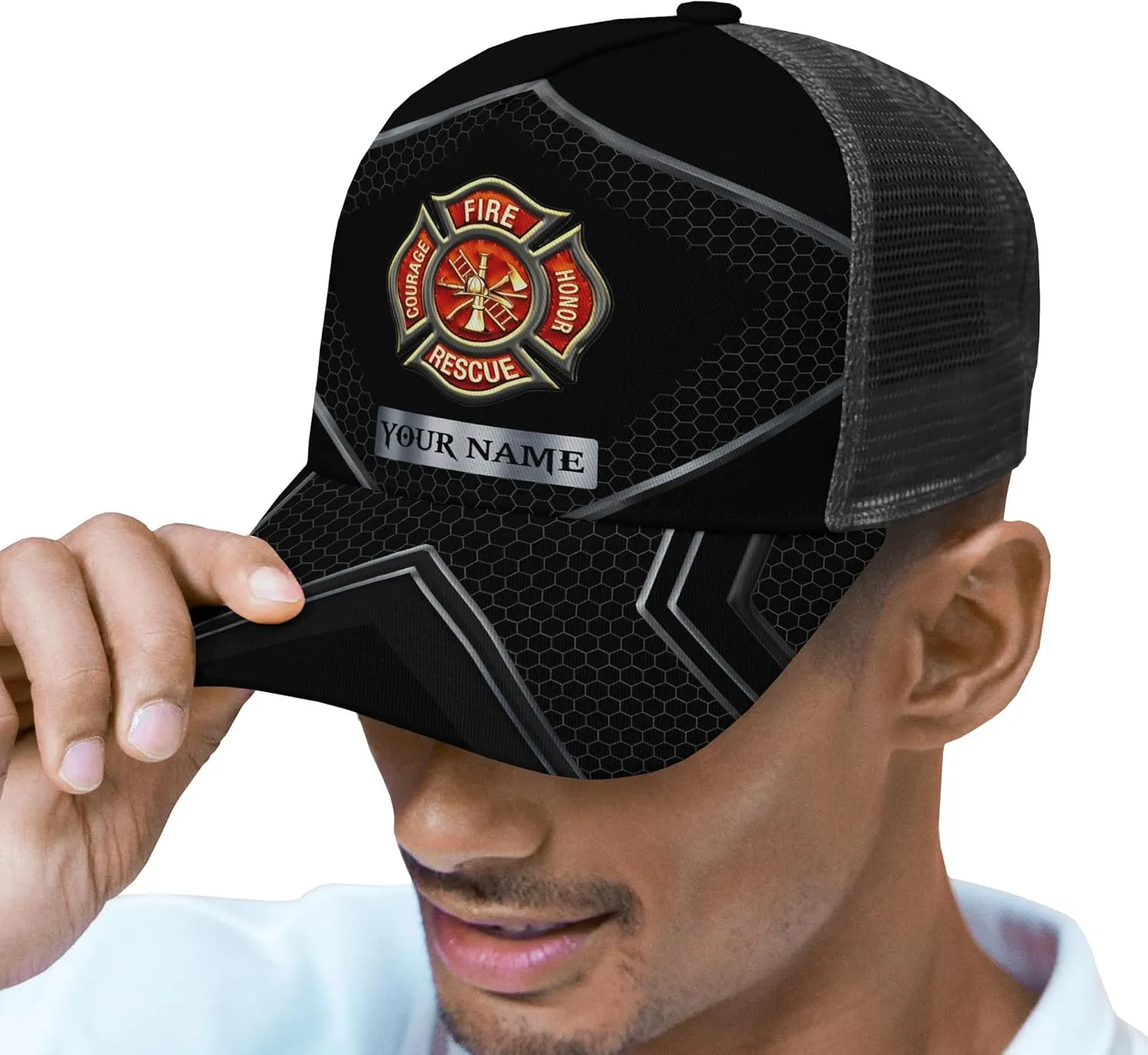 Print Fire Department Badge Mesh Trucker Hats with 3D Fire Fighter Themed Meshback Caps Accessories for Adults