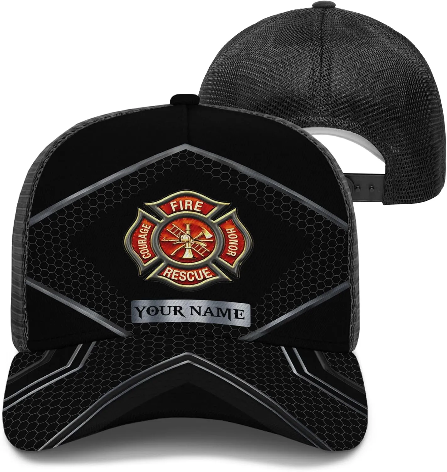 Print Fire Department Badge Mesh Trucker Hats with 3D Fire Fighter Themed Meshback Caps Accessories for Adults