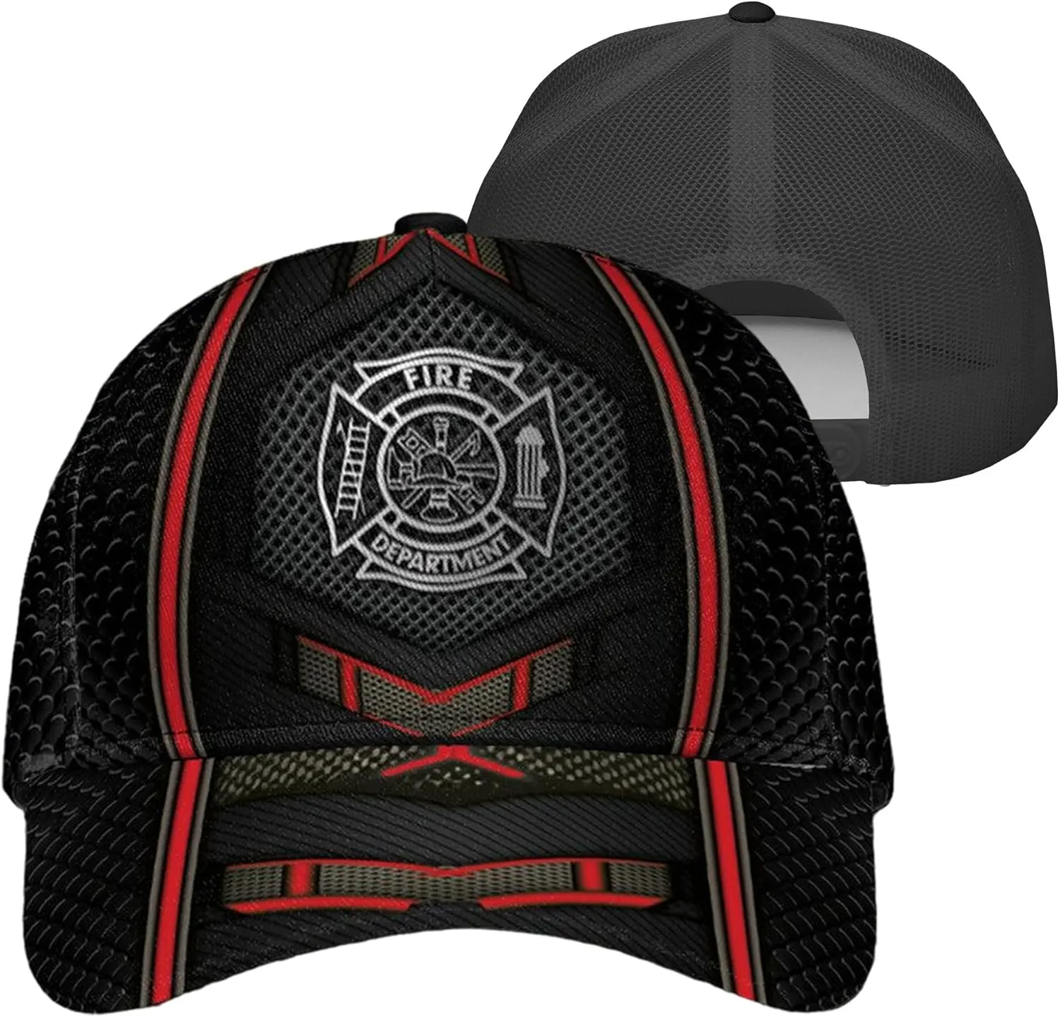 Print Fire Department Badge Mesh Trucker Hats with 3D Fire Fighter Themed Meshback Caps Accessories for Adults