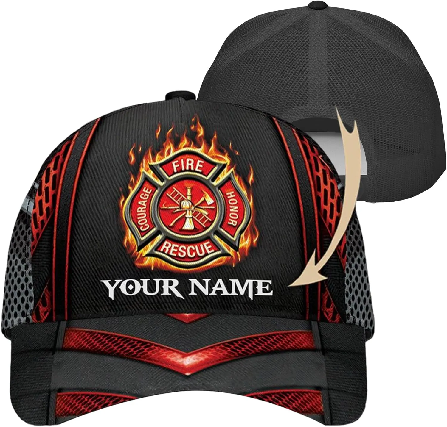 Print Fire Department Badge Mesh Trucker Hats with 3D Fire Fighter Themed Meshback Caps Accessories for Adults