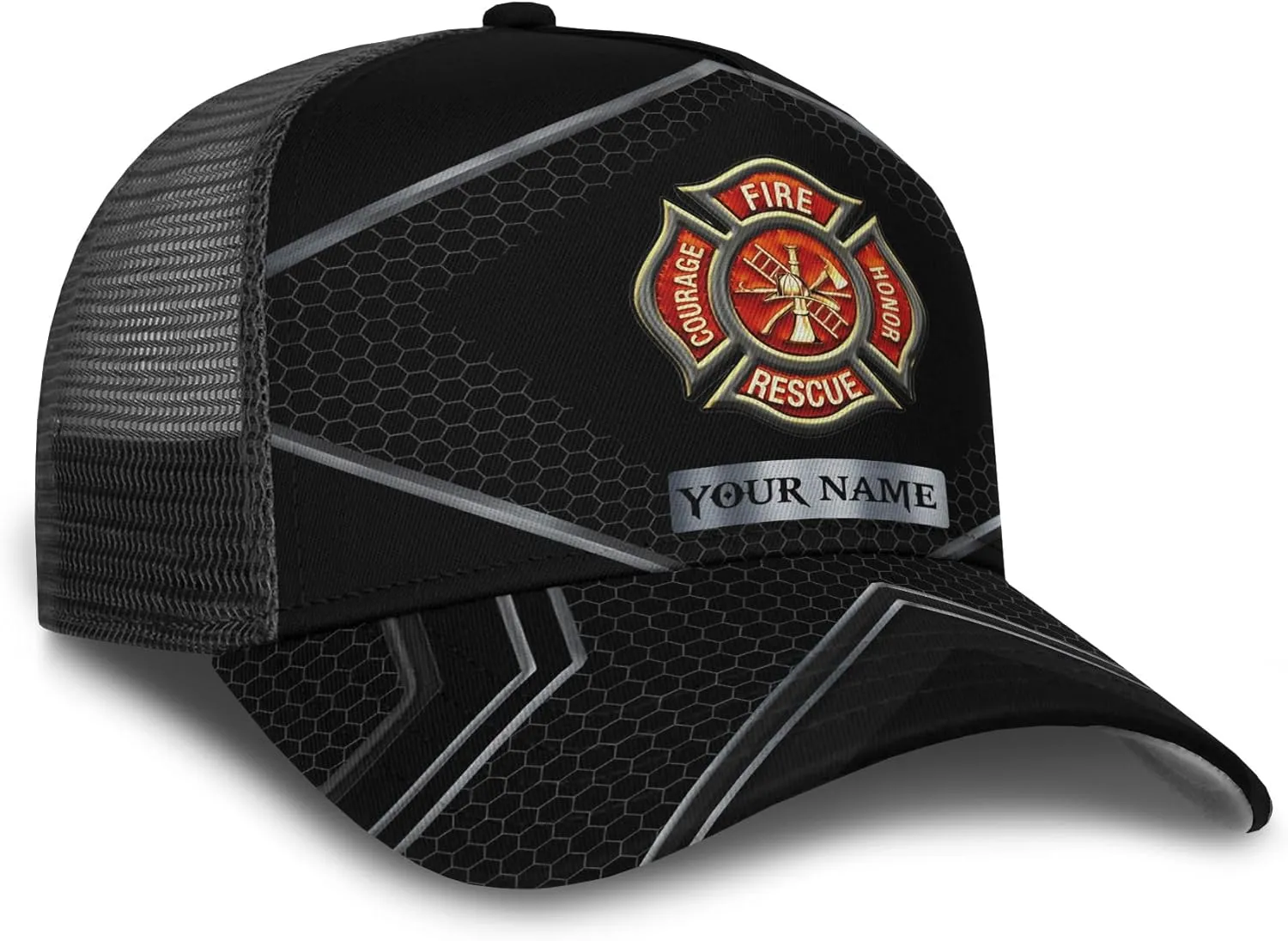 Print Fire Department Badge Mesh Trucker Hats with 3D Fire Fighter Themed Meshback Caps Accessories for Adults
