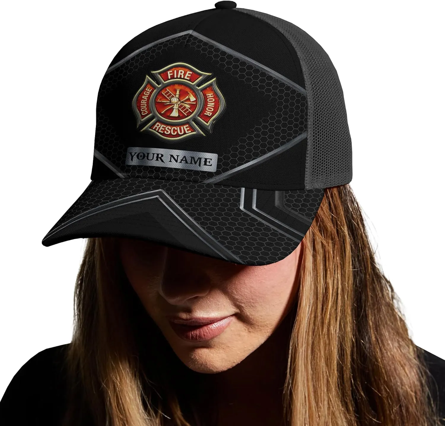 Print Fire Department Badge Mesh Trucker Hats with 3D Fire Fighter Themed Meshback Caps Accessories for Adults