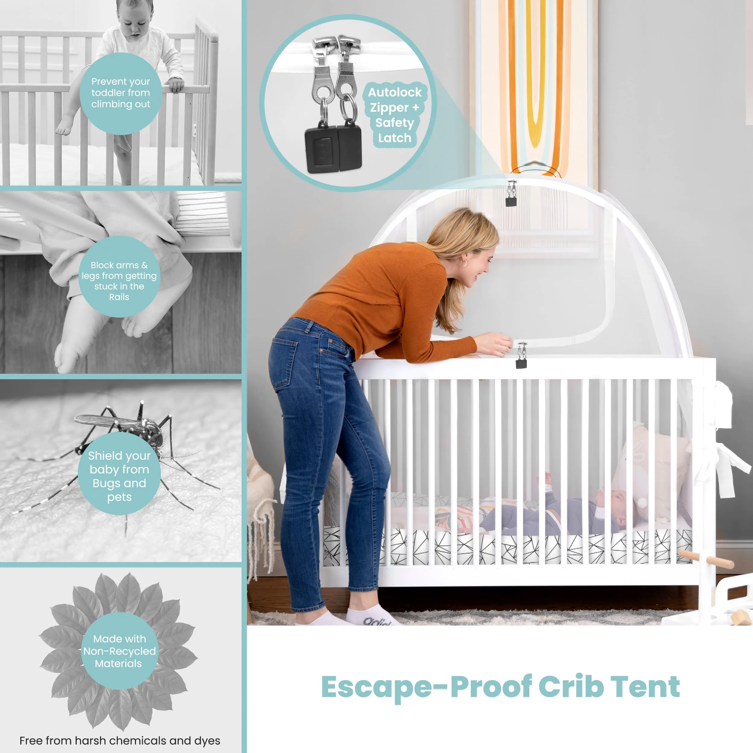 Pro Baby Safety Pop Up Crib Tent, Fine Mesh Crib Netting Cover to Keep Baby from Climbing Out, Prevent Falls and Mosquito Bites, Safety Net Canopy - Sturdy & Stylish Infant Crib Topper